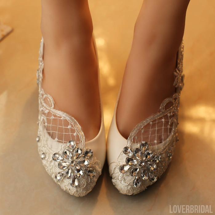 Handmade Middle Heels Pointed Toe Lace Crystal Wedding Bridal Shoes, S007
