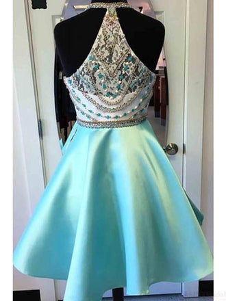 Heavily Beaded Green Halter Short Homecoming Prom Dresses, Affordable Short Party Prom Sweet 16 Dresses, Perfect Homecoming Cocktail Dresses, CM359