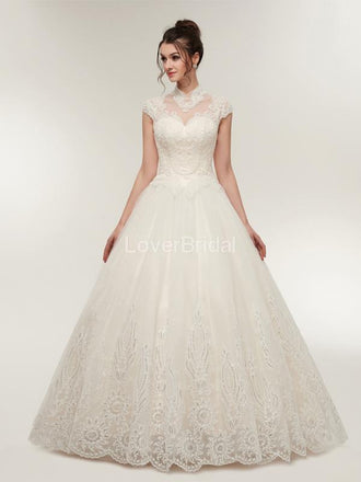High Neck A-line Lace Beaded Cheap Wedding Dresses Online, Cheap Bridal Dresses, WD569