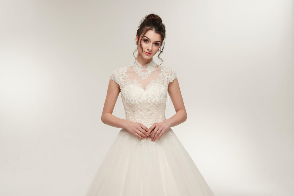 High Neck A-line Lace Beaded Cheap Wedding Dresses Online, Cheap Bridal Dresses, WD569