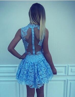 High Neck Blue Lace Illusion Short Cheap Homecoming Dresses Online, CM563