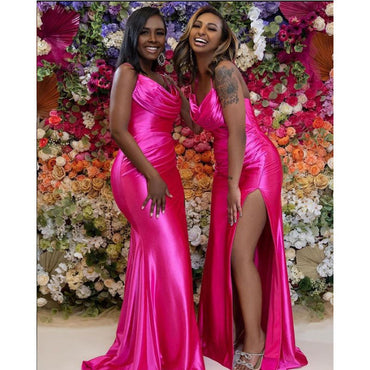 Hot Pink Mermaid Spaghetti Straps Side Slit Cheap Long Bridesmaid Dresses,WG1374