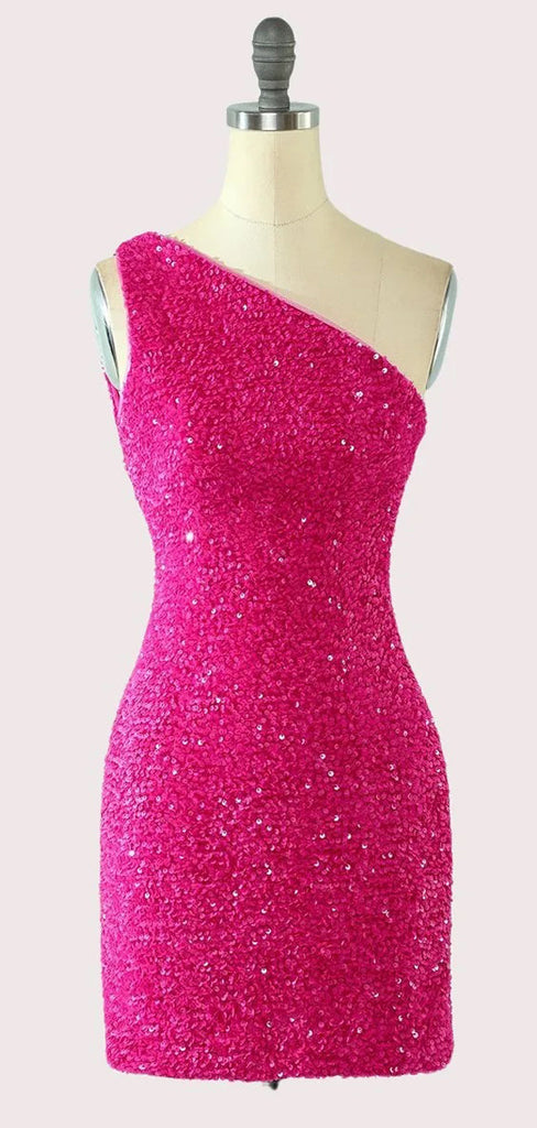 Hot Pink One Shoulder Short Homecoming Dresses,Cheap Short Prom Dresses,CM880