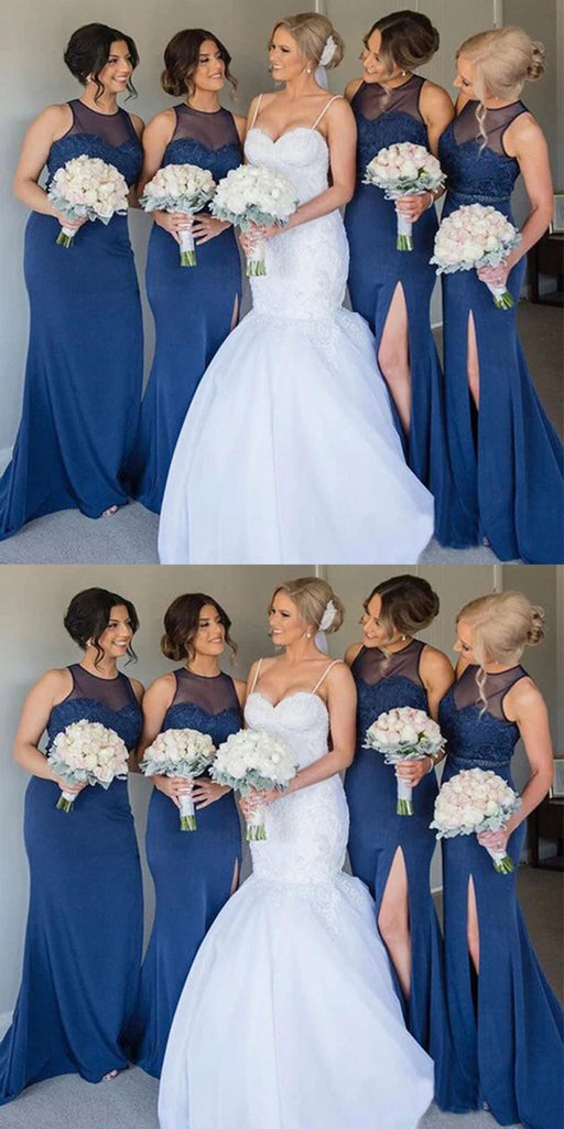 Illusion Blue Mermaid Jewel Side Slit Cheap Long Bridesmaid Dresses,WG1402
