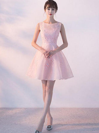 Illusion Blush Pink Lace Beaded Cheap Homecoming Dresses Online, CM696