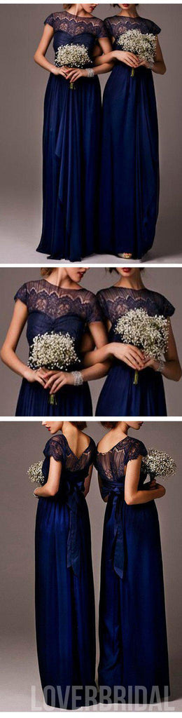 Impressive Discount Cap Sleeve Top Seen-Through Lace Elegant Royal Blue Long Bridesmaid Dresses, WG030