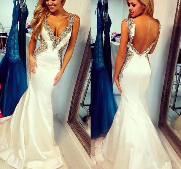 Ivory Mermaid Sexy Open Back Inexpensive Evening Party Long Prom Dresses, WG203