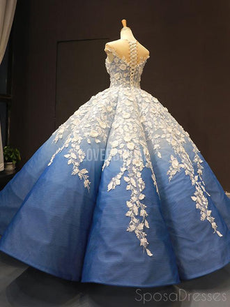 Jewel Neck Ombre Blue Ball Gown Evening Prom Dresses, Evening Party Prom Dresses, 12254