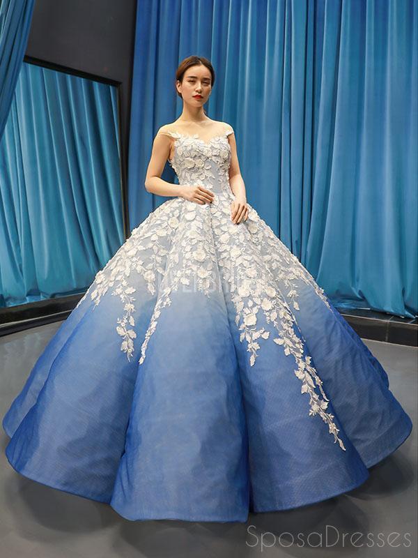 Jewel Neck Ombre Blue Ball Gown Evening Prom Dresses, Evening Party Prom Dresses, 12254