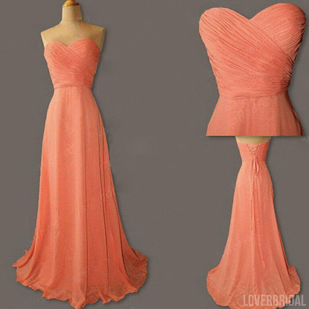 Junior Young Simple Sweet Heart Chiffon Formal Coral Lace Up Back Long Cheap Bridesmaid Dresses, WG186