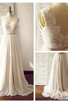 Lace Backless Beach Wedding Dresses, 2017 Chiffon Long Custom Wedding Gowns, Affordable Bridal Dresses, 17097