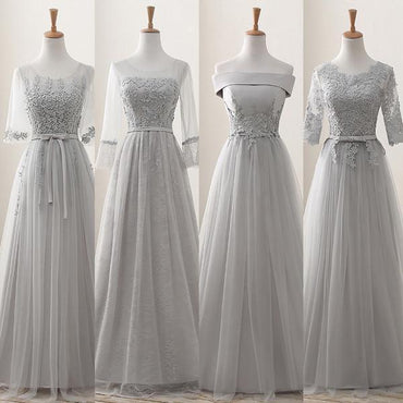 Lace Grey Mismatched Styles Chiffon Floor-Length Formal Long Bridesmaid Dresses, Affordable Custom Long Bridesmaid Dresses BD18001