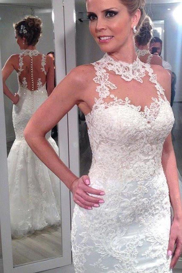 Lace Halter Mermaid Wedding Dresses,  Sexy Backless Custom Wedding Gowns, Affordable Bridal Dresses, 17105