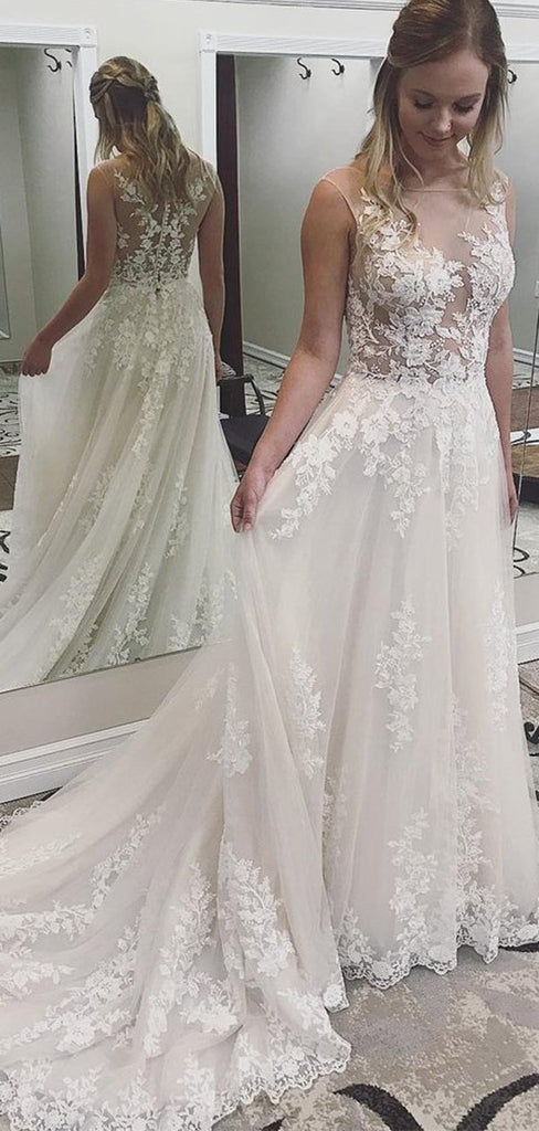 Lace See Through Cheap Wedding Dresses, Bateau A-line Bridal Dresses, WD433
