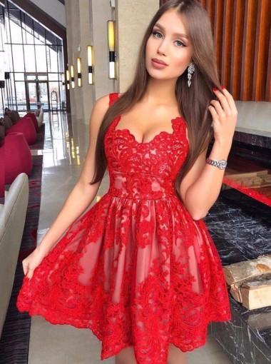 Lace Straps Red Cheap Short Homecoming Dresses Online, CM626