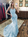 Light Blue Lace Beaded Mermaid Long Evening Prom Dresses, Evening Party Prom Dresses, 12308