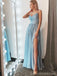 Light Blue Spaghetti Straps Side Slit Long Evening Prom Dresses, Cheap Custom Sweet 16 Dresses, 18550