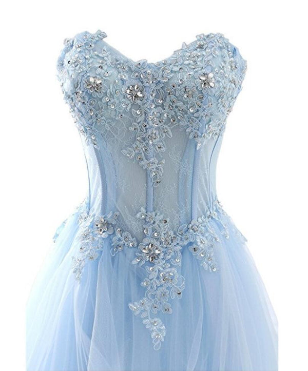 Light Blue Sweetheart See Through Lace Tulle A line Long Evening Prom ...