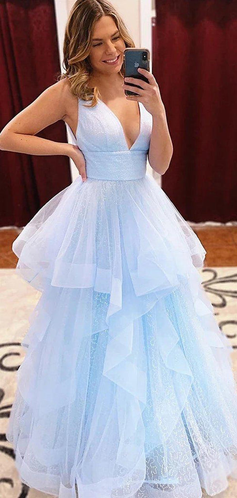Light Blue V Neck Ball Gown Long Evening Prom Dresses, Evening Party Prom Dresses, 12139