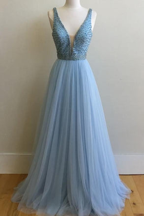 Light Blue V Neck Beaded A-line Long Evening Prom Dresses, 17642