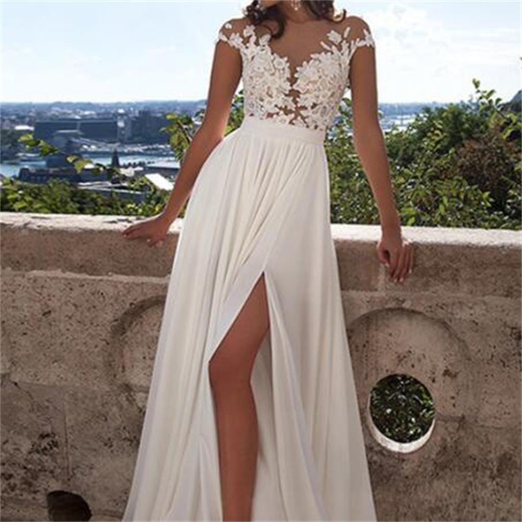 Long A-Line White Lace Prom Dress With Appliques, Side Slit Sexy Wedding Party Dress, WD0124
