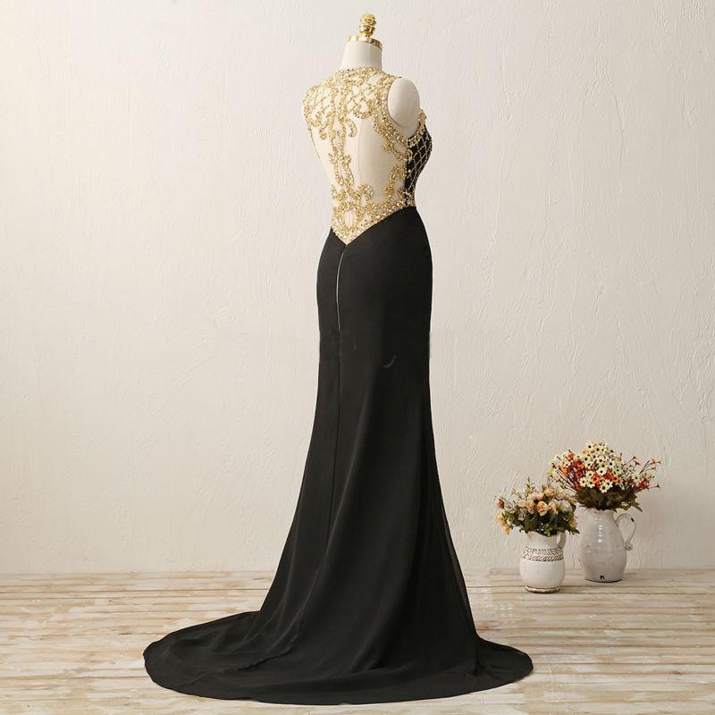 Long Black See Through Mermaid Gold Beaded Evening Prom Dress, Popular Sexy Party Prom Dresses, Custom Long Prom Dresses, Cheap Formal Prom Dresses, 17161