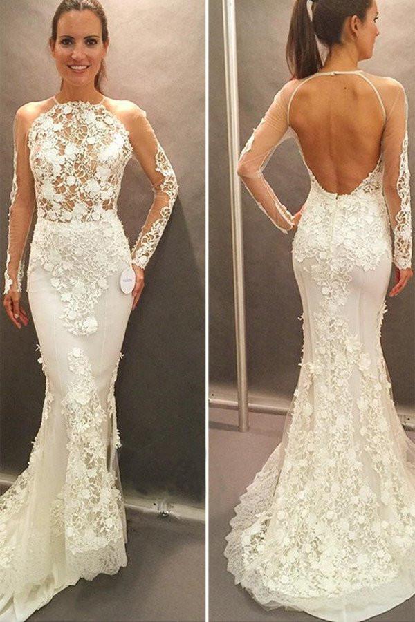 Long Sleeve Backless Lace Mermaid Wedding Dresses,  Sexy Long Custom Wedding Gowns, Affordable Bridal Dresses, 17100