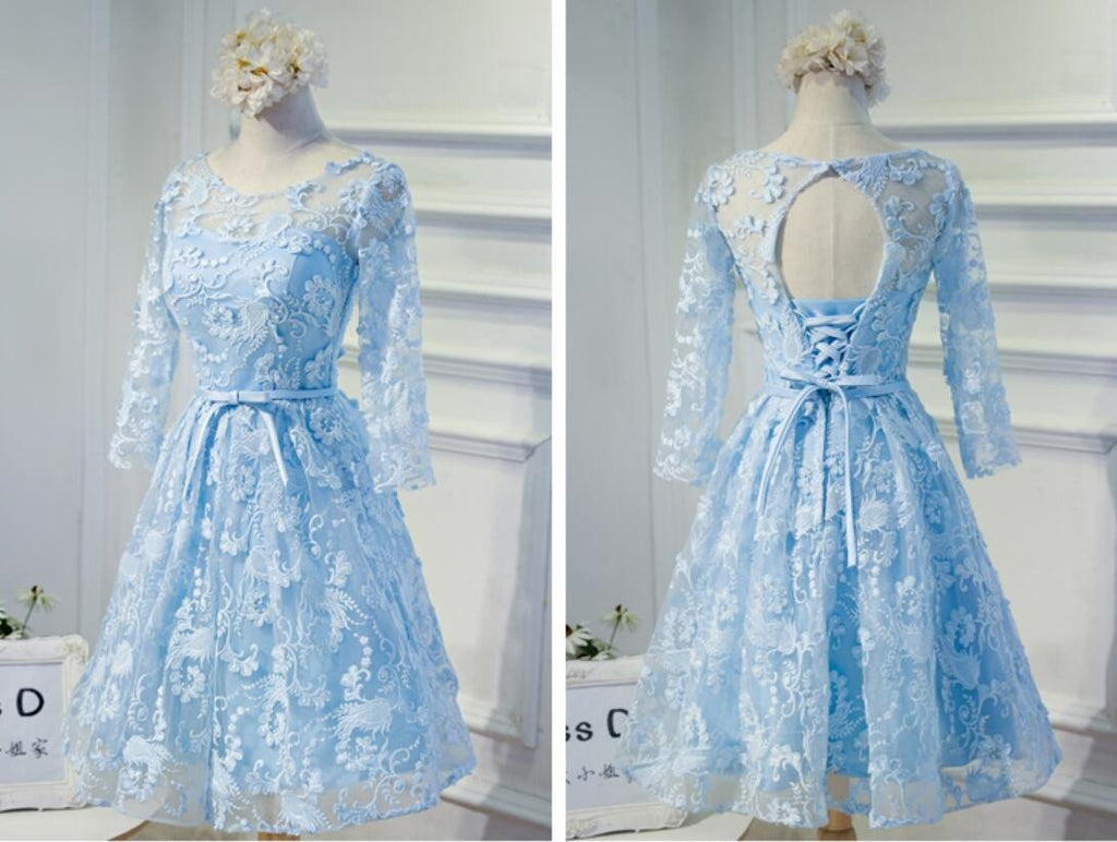 Long Sleeve Blue Open back Lace Cute Homecoming Prom Dresses, Affordable Short Party Prom Dresses, Perfect Homecoming Dresses, CM314