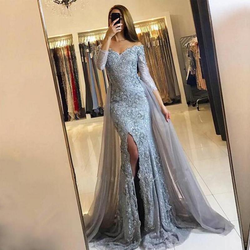 Long Sleeve Dusty Blue Lace Side Slit Mermaid Evening Prom Dresses, Popular Party Prom Dresses, Custom Long Prom Dresses, Cheap Formal Prom Dresses, 17206