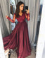 Long Sleeve Lace Dark Red Side Slit A line Long Evening Prom Dresses, Popular Cheap Long Custom Party Prom Dresses, 17336