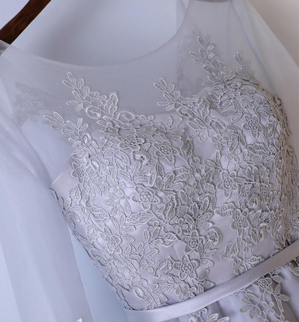 Long Sleeve Lace Gray Homecoming Prom Dresses, Affordable Corset Back Short Party Prom Dresses, Perfect Homecoming Dresses, CM255