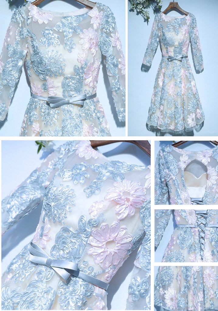 Long Sleeve Lace High Neckline Homecoming Prom Dresses, Affordable Corset Back Short Party Prom Dresses, Perfect Homecoming Dresses, CM252