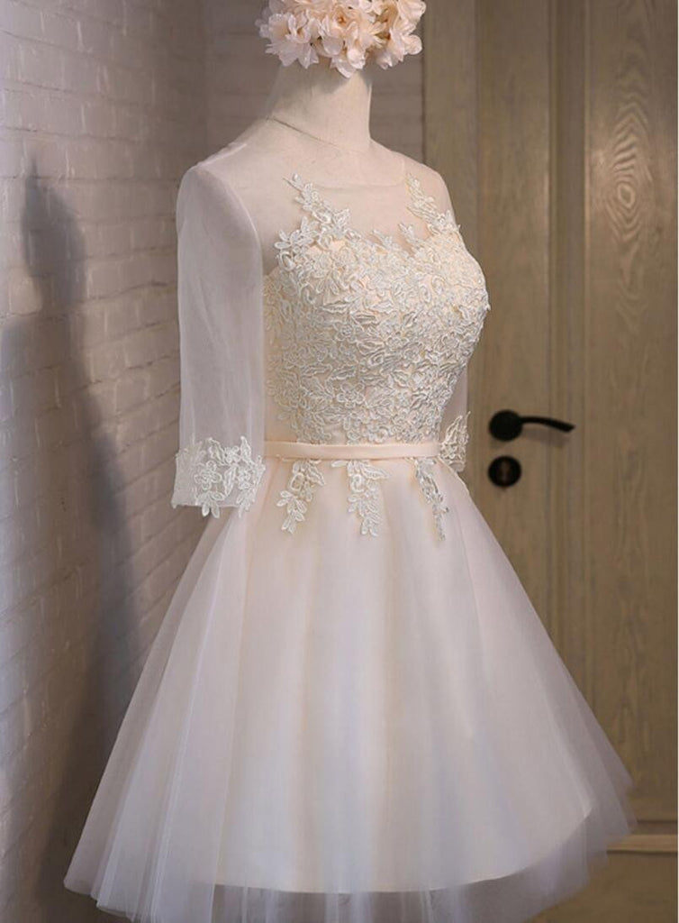 Long Sleeve Lace High Neckline Homecoming Prom Dresses, Affordable Short Party Prom Dresses, Perfect Homecoming Dresses, CM293