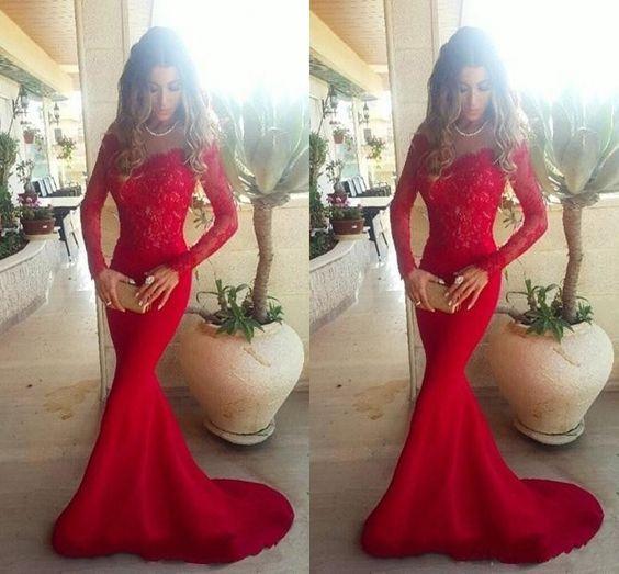 Long Sleeve Lace Mermaid Prom Dresses, Long sleeve Evening Party Dresses, Red Prom Dress, 2017 Prom Dress, Formal Prom Dress, 17008