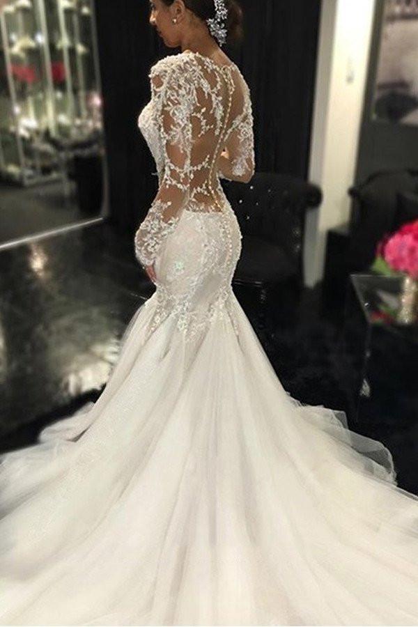 Long Sleeve Lace Mermaid Wedding Dresses, Sexy See Through Long Custom LoverBridal Long Sleeve Lace Mermaid Wedding Dresses, Sexy See Through Long Custom LoverBridal