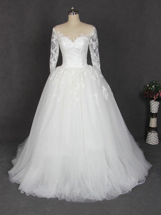 Long Sleeve Lace Off Shoulder Tulle Wedding Dresses, Custom Made Long Wedding Gown, Cheap Wedding Gowns, WD201