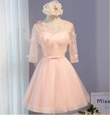 Long Sleeve Light Peach Open Back Lace Cute Homecoming Prom Dresses, Affordable Short Party Prom Dresses, Perfect Homecoming Dresses, CM319