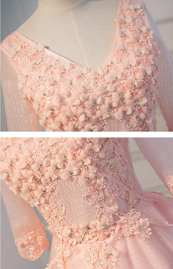 Long Sleeve Light Peach Open Back See Through Lace Cute Homecoming Prom Dresses, Affordable Short Party Prom Dresses, Perfect Homecoming Dresses, CM318