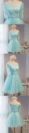 Long Sleeve Mint Lace Tulle Short Homecoming Prom Dresses, Affordable Short Party Prom Sweet 16 Dresses, Perfect Homecoming Cocktail Dresses, CM364