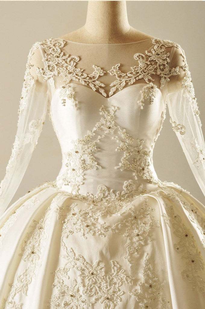 Long Sleeve V Neckline Lace Long Tail Wedding Dresses, Custom Made Wedding Dresses, Cheap Wedding Bridal Gowns, WD221