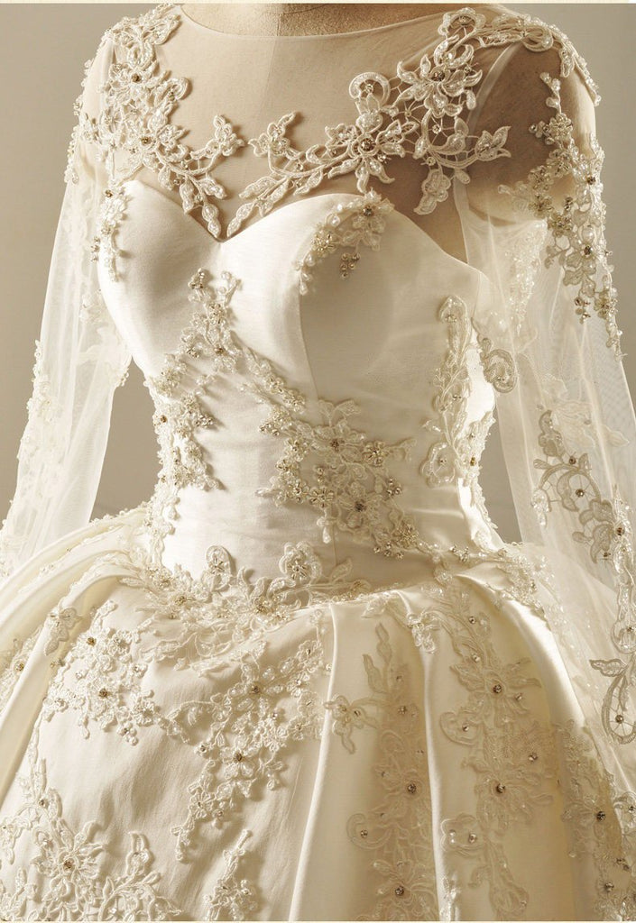 Long Sleeve V Neckline Lace Long Tail Wedding Dresses, Custom Made Wedding Dresses, Cheap Wedding Bridal Gowns, WD221