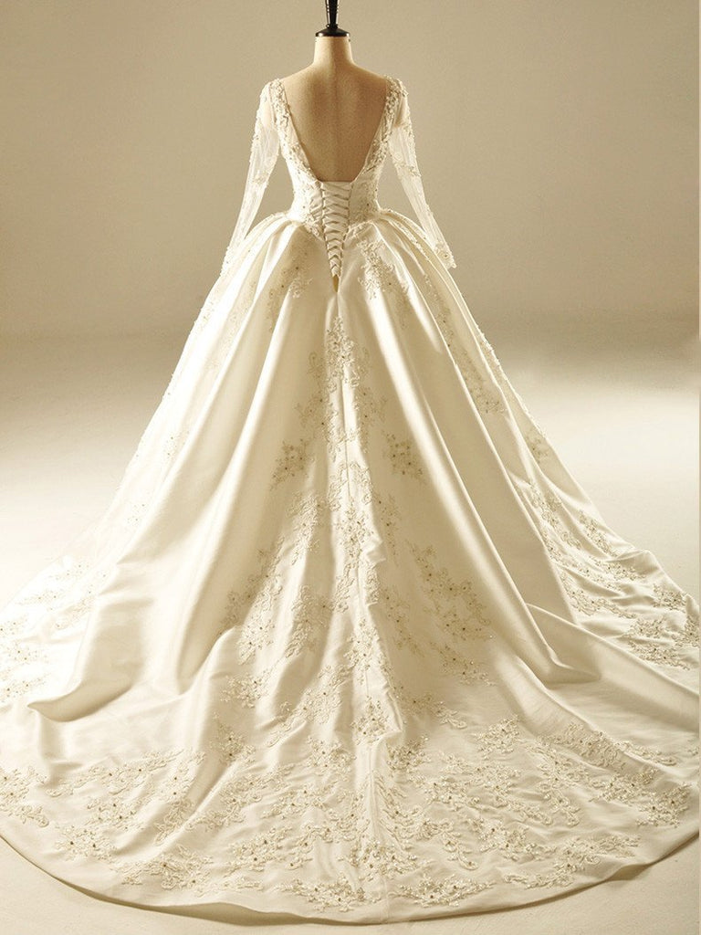 Long Sleeve V Neckline Lace Long Tail Wedding Dresses, Custom Made Wedding Dresses, Cheap Wedding Bridal Gowns, WD221