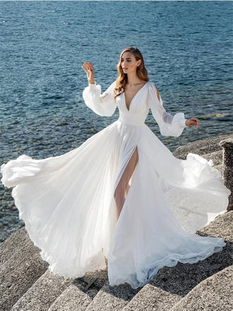 Long Sleeves A-line High Slit V-neck Chiffon Wedding Dresses,WD754