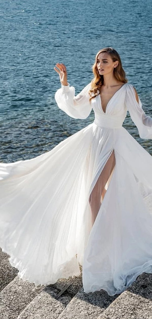 Long Sleeves A-line High Slit V-neck Chiffon Wedding Dresses,WD754