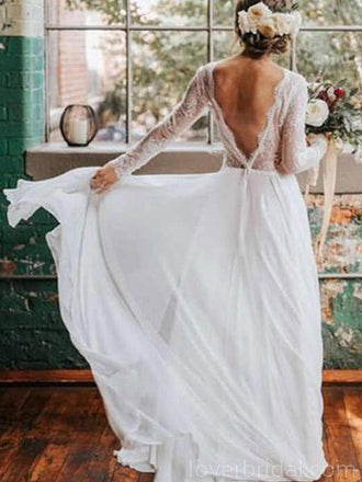 Long Sleeves Backless Beach Long Wedding Dresses Online, Cheap Bridal Dresses, WD527