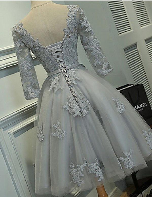 Long Sleeves Grey Lace Short Cheap Homecoming Dresses Online, CM561