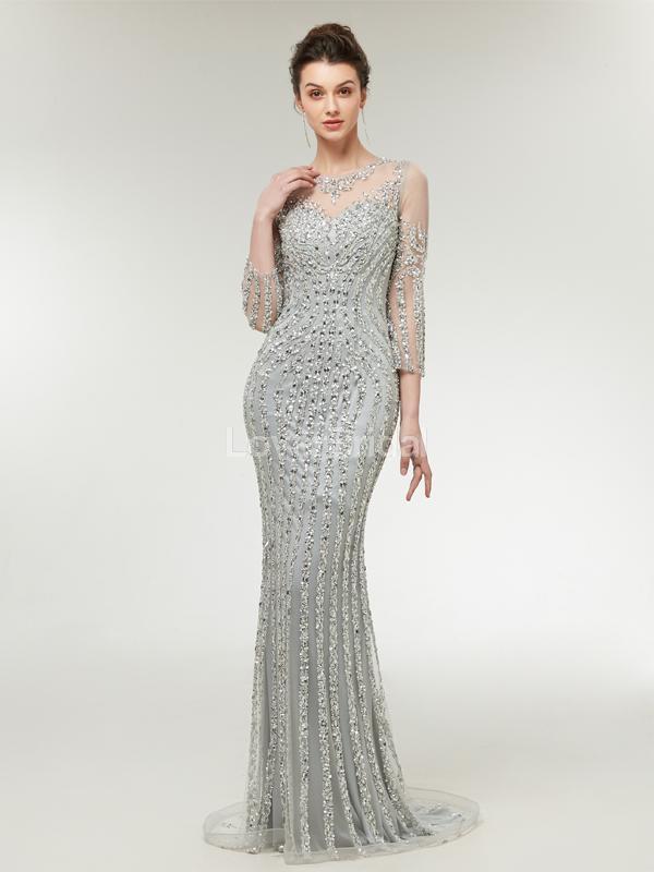 Long Sleeves Lace Beaded Mermaid Long Evening Prom Dresses, Evening Party Prom Dresses, 12003