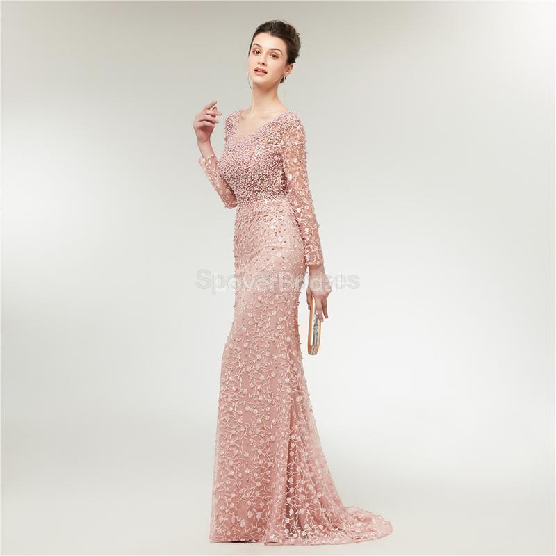 Long Sleeves Lace Mermaid Peach Evening Prom Dresses, Evening Party Pr ...
