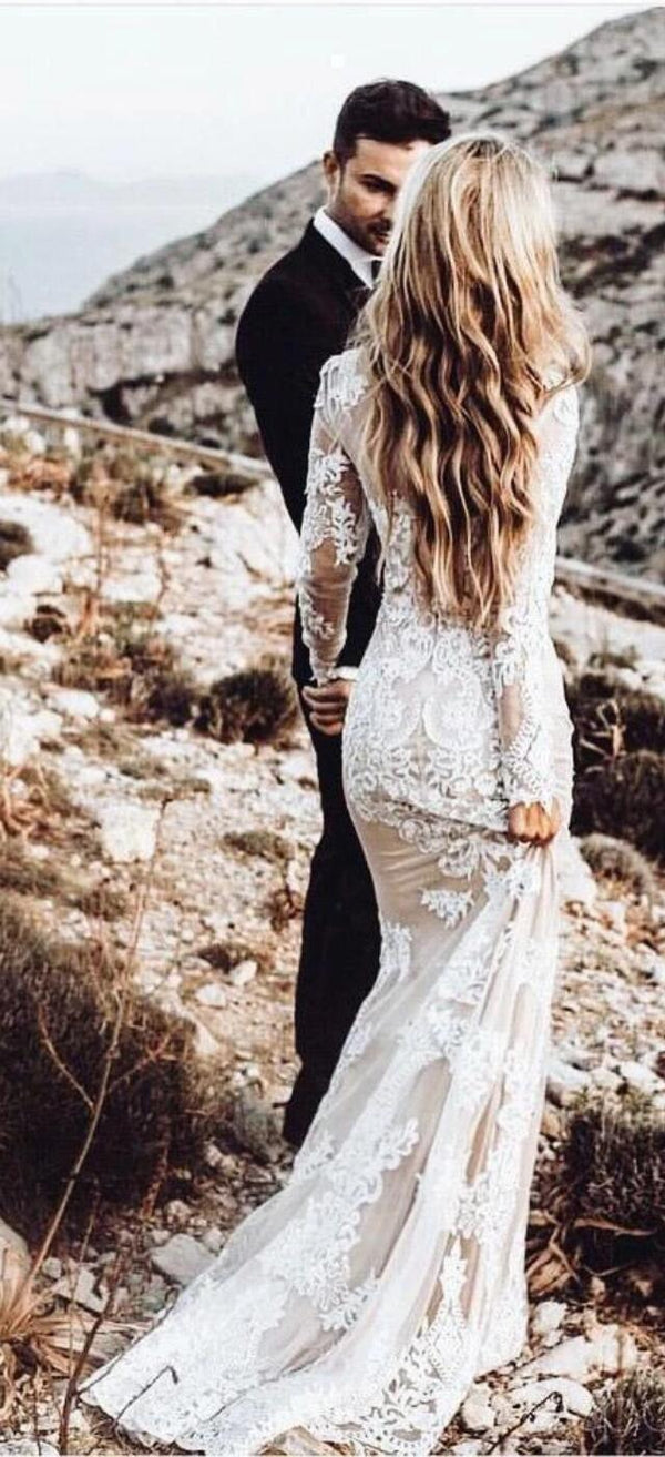 Zapaka Women Boho Wedding Dress Ivory Lace Chiffon Trumpet Sleeve Beach  Bridal Dress – ZAPAKA AU