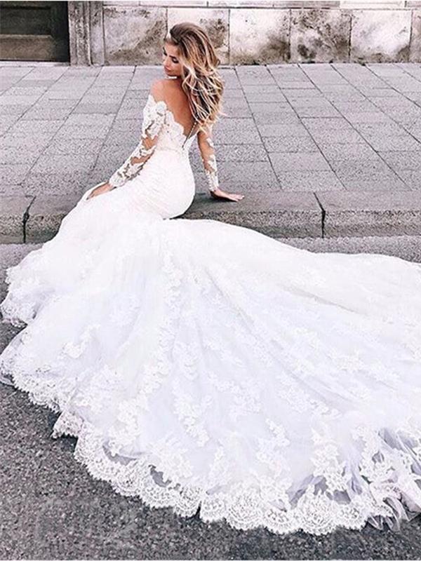 Long Sleeves Mermaid Sweetheart Handmade Lace Wedding Dresses,WD757